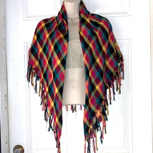 Scarf Shawl Wrap Coverup Sarong Rainbow Checkered with Fringe 39 Square Inches - Picture 1 of 9